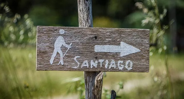 señal de madera con flecha hacia santiago en el camino de santiago