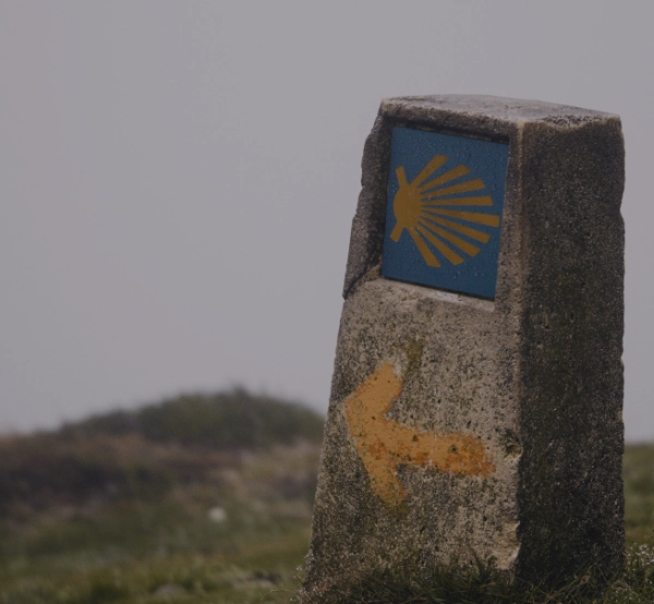 wegweiser des camino de santiago mit gelber jakobsmuschel zur markierung der route