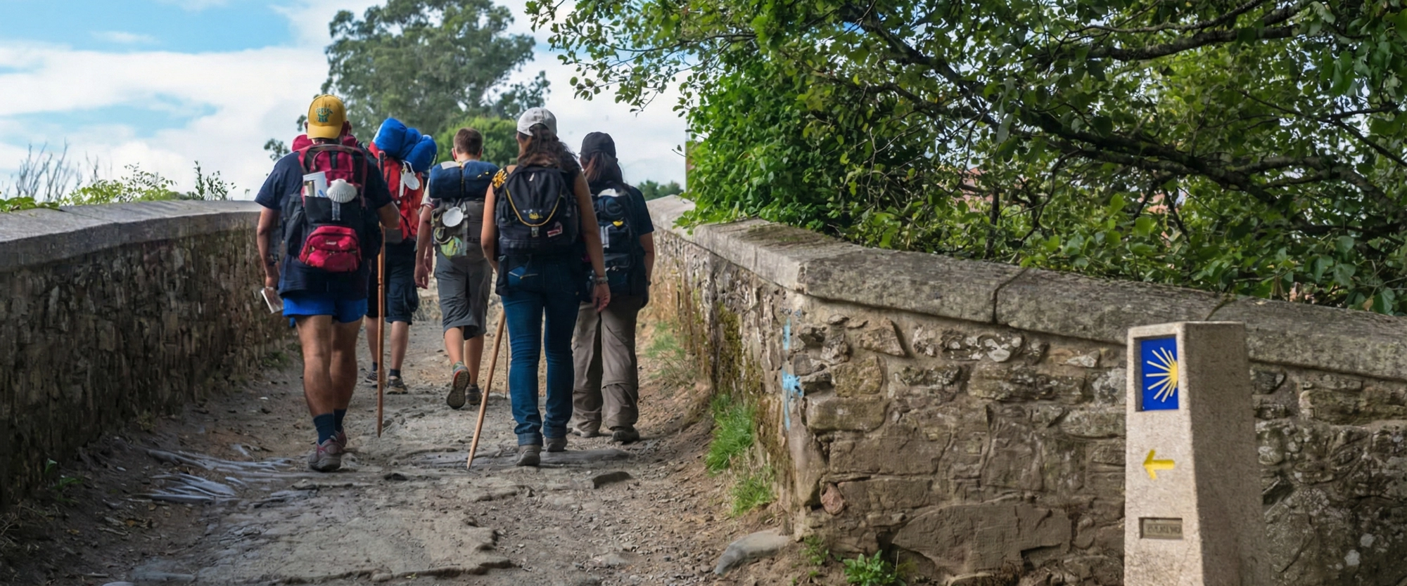 Pilgrims walking along a Camino de Santiago trail beside a sign with the yellow arrow